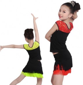 Red fuchsia black turquoise sky blue patchwork fringes girls kids child toddlers gymnastics latin salsa cha cha dance dresses sets